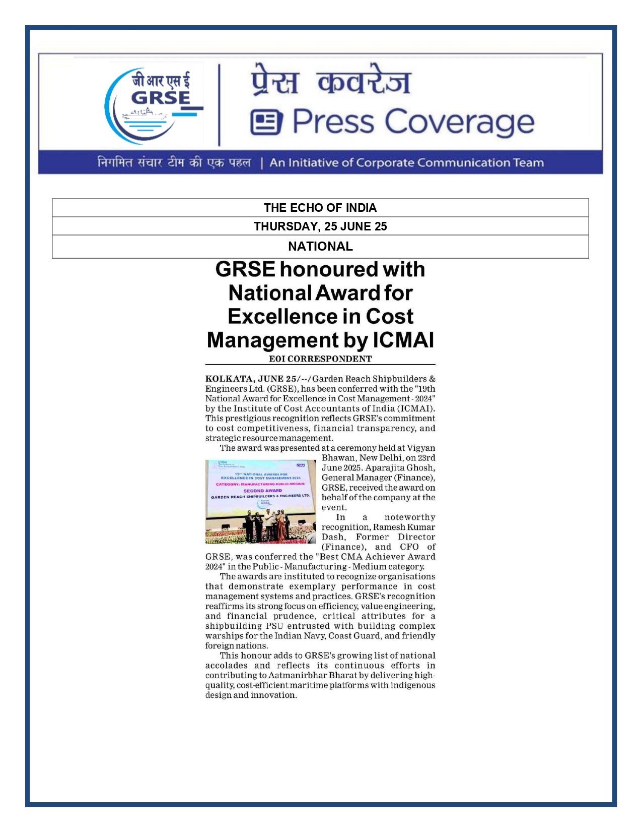 Press Coverage :  CMD,GRSE conferred on CMA's Management Excellence Award 2025   